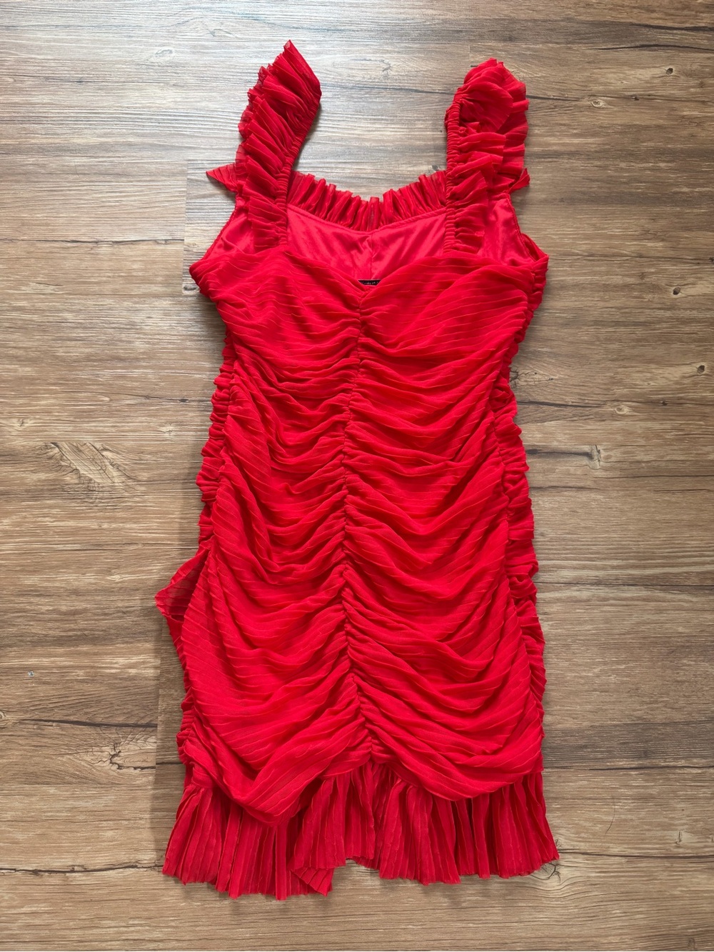 Zara Red Ruched Mini Dress with Ruffle Straps - Picture 6 of 6